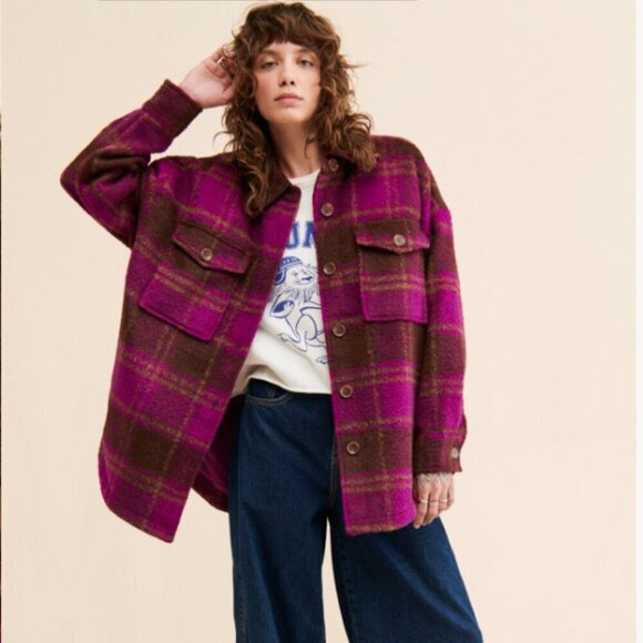 Good American Plaid Oversized 90's Brown Shirt Jacket Size 7/8 US 4XL-5XL - Picture 1 of 3